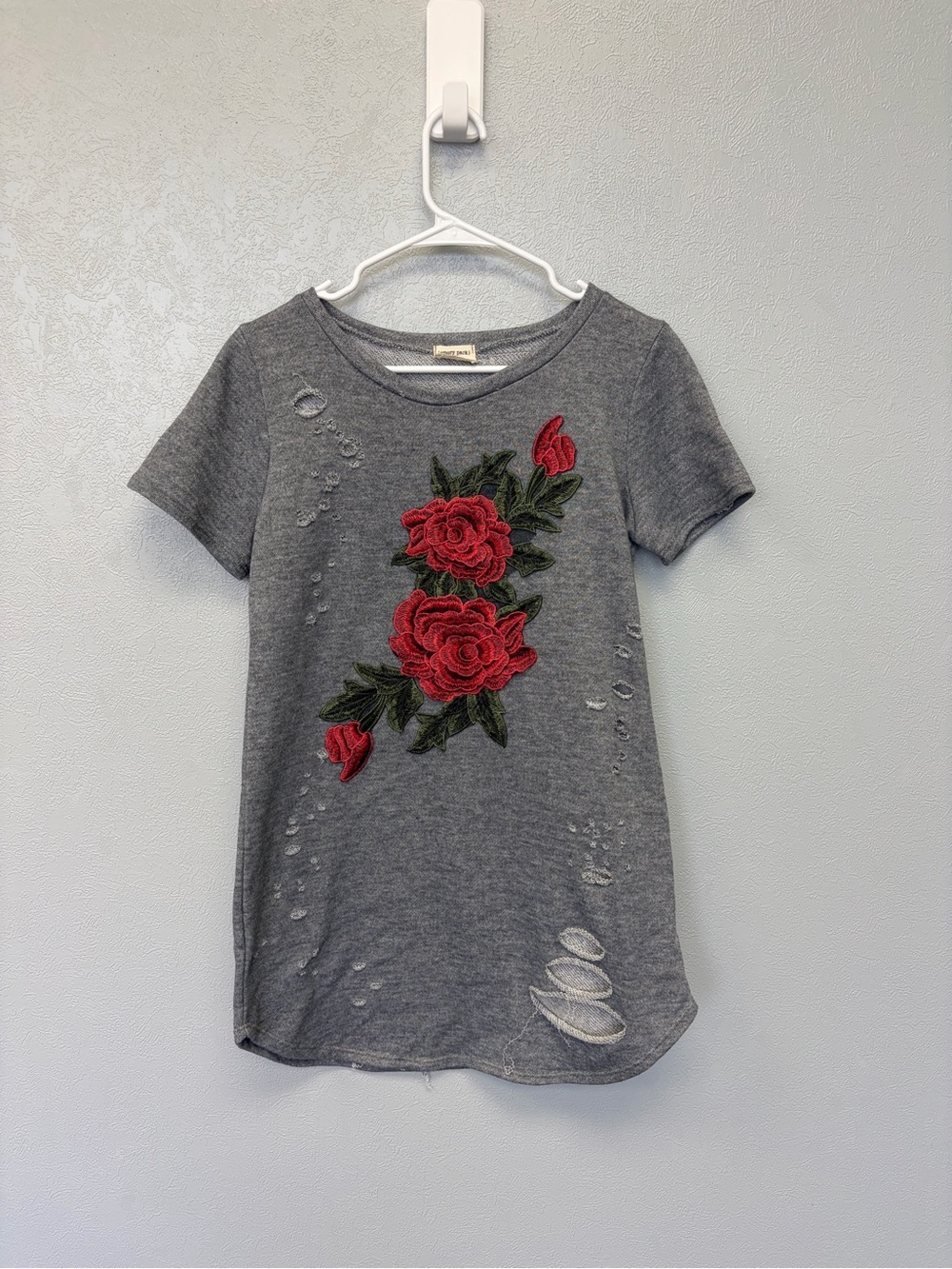 emory park Gray Short-Sleeve Dress with Red Rose Embroidery